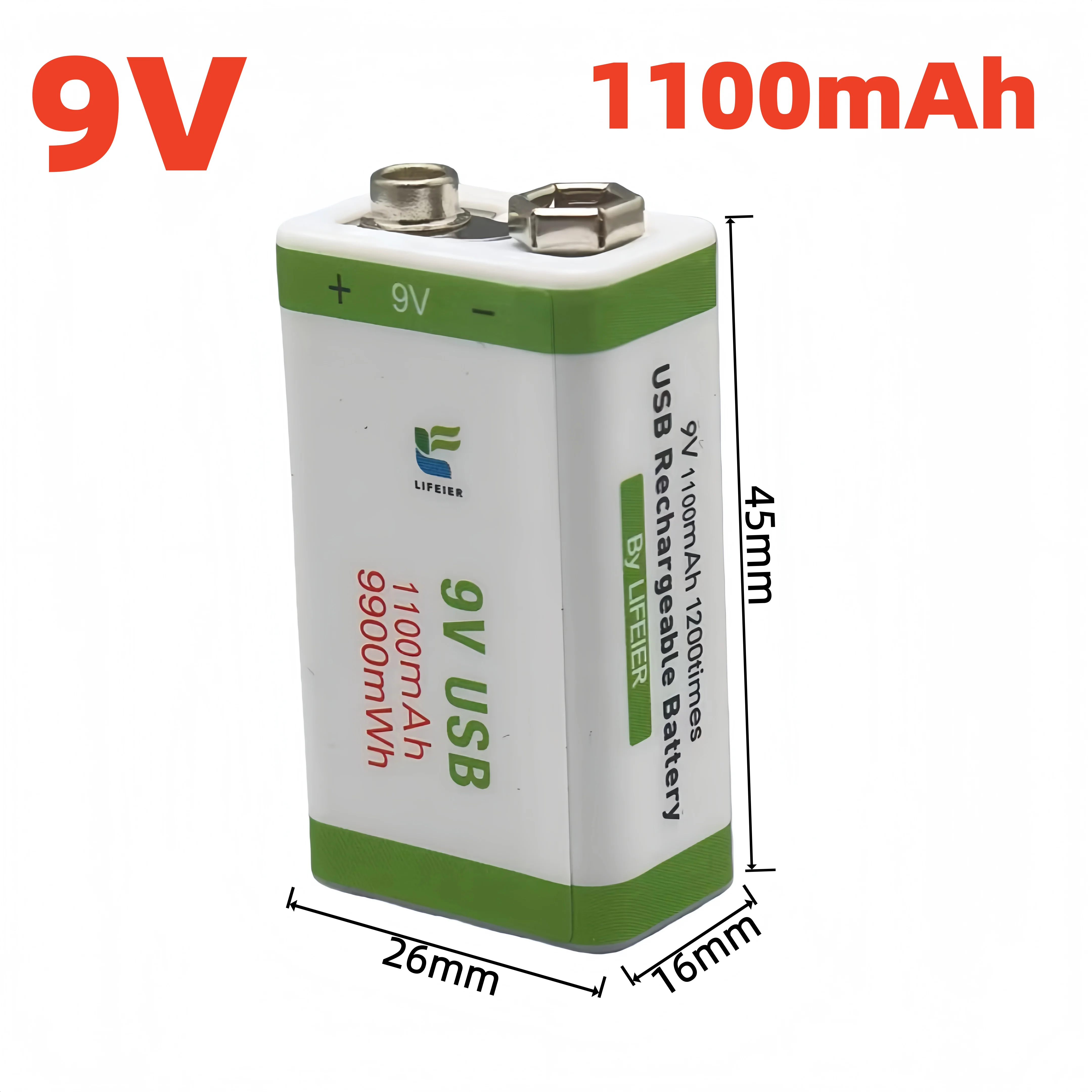 9V-1100mAh Rechargeable Lithium Battery for Multimeter, Wireless Microphone, Toy Car, Square Replacement for Lithium Battery