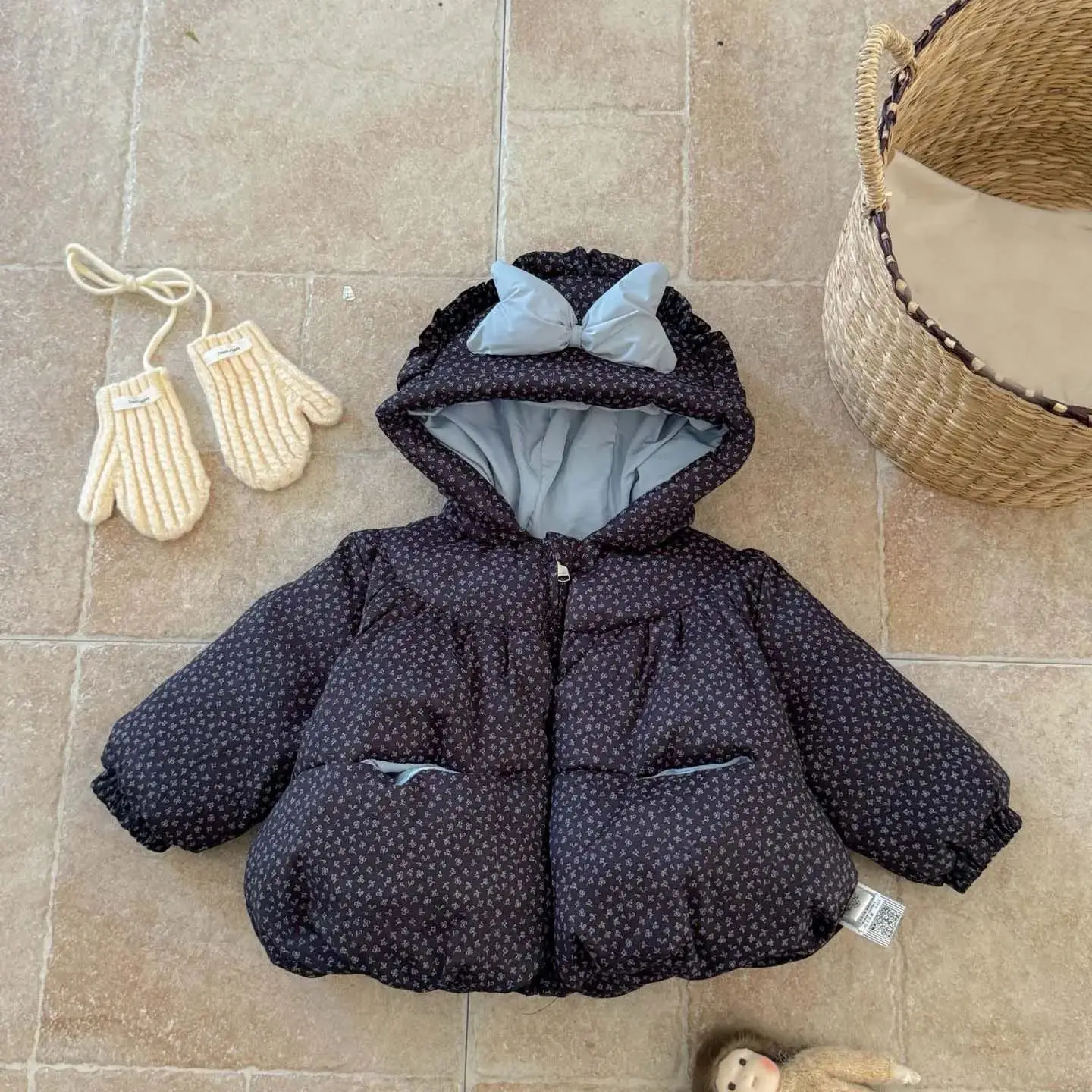 Children's Floral Hooded down Jacket for Winter Girls Infants & Toddlers Baby Girls 90 White Duck down Bow Detail