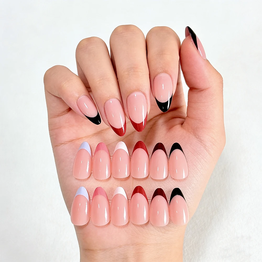 288 szt. Sztuczne paznokcie typu French Tips, akrylowe, migdałowe, pełne pokrycie, sztuczne paznokcie w kolorze czerwonym/czarnym/białym, owalne, do przedłużania paznokci dla kobiet.