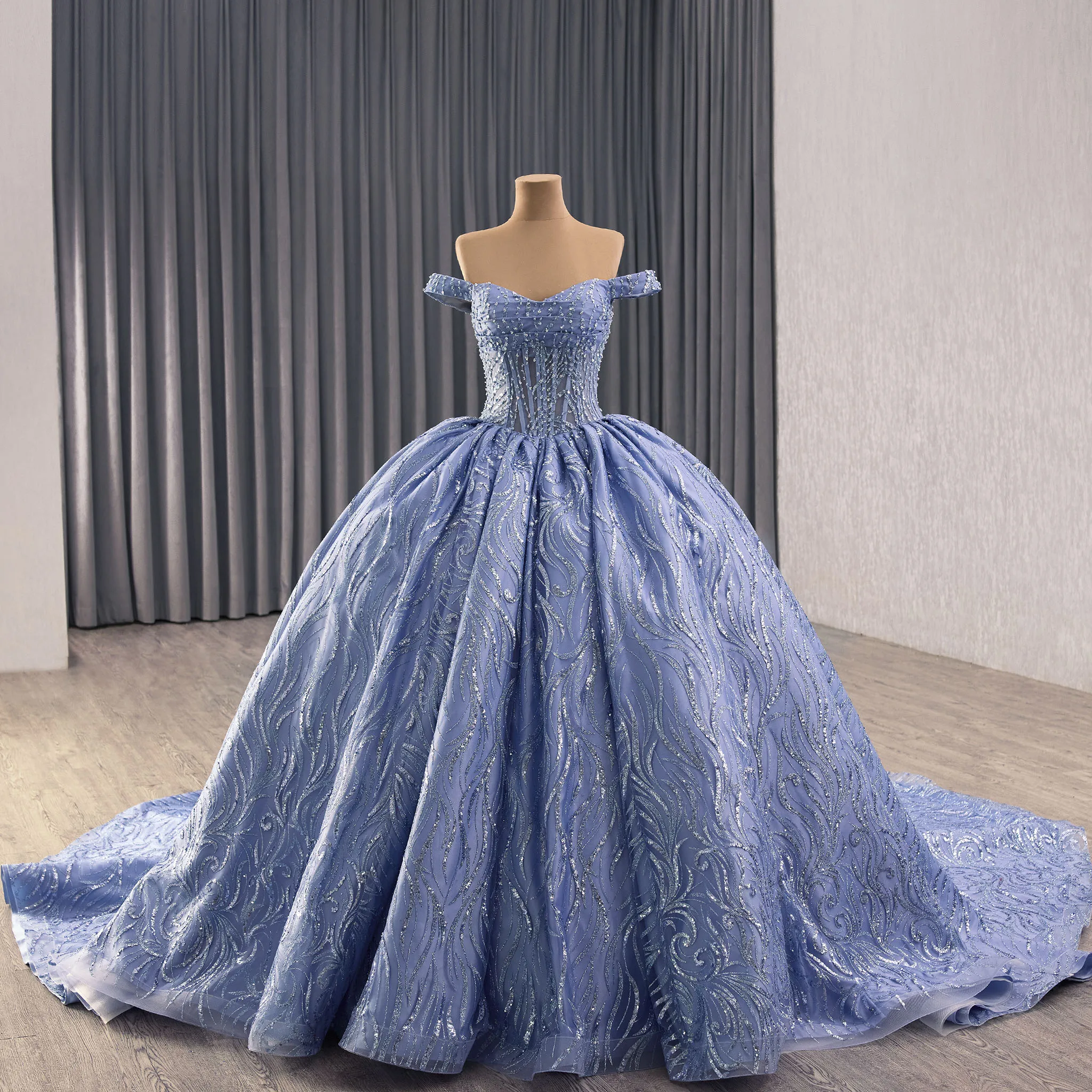 

Rosymae Women's Off-Shoulder Blue Glitter Quinceañera Dress Shimmering Beads Sequins Fitted Bodice Full Ball Gown Formal Events