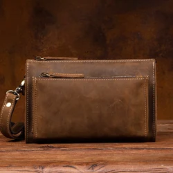 Men's leather clutch bag retro crazy horse leather men's bag business casual leather handbag mobile phone bag