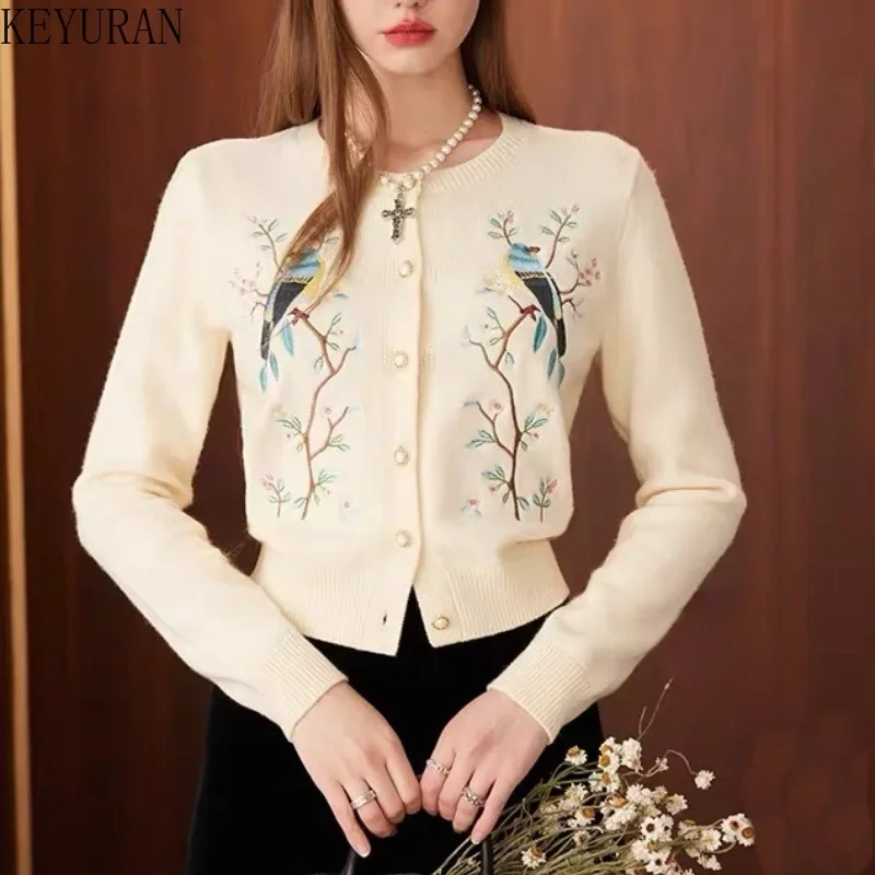 2024 Spring Autumn Flower Bird Embroidery Knitted Cardigan Women Vintage O-Neck Long Sleeve Sweater Mujer Knitwear Tops Jumper