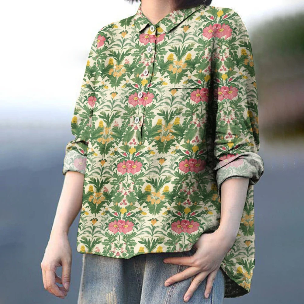 Green Casual Women's Lapel Shirt Elegant Small Floral Print Long Sleeve High Quality Clothes Trendy New Blouse