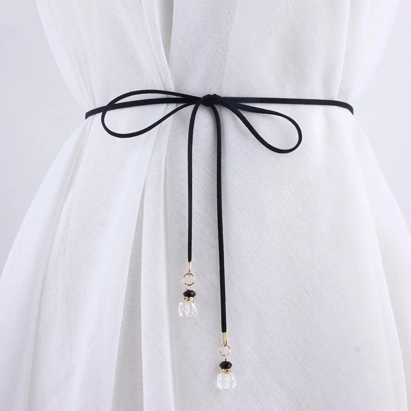 Korean style belt for women with fine decoration dress with skirt bow tie waist rope extended rope belt black