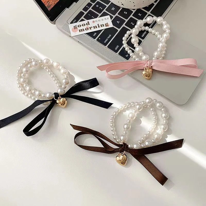 Korean Fashion Bow Pearls Pendant Hair Ties Bracelet For Women Girls Sweet French Trendy Ponytail Hair Band Hair Accessories