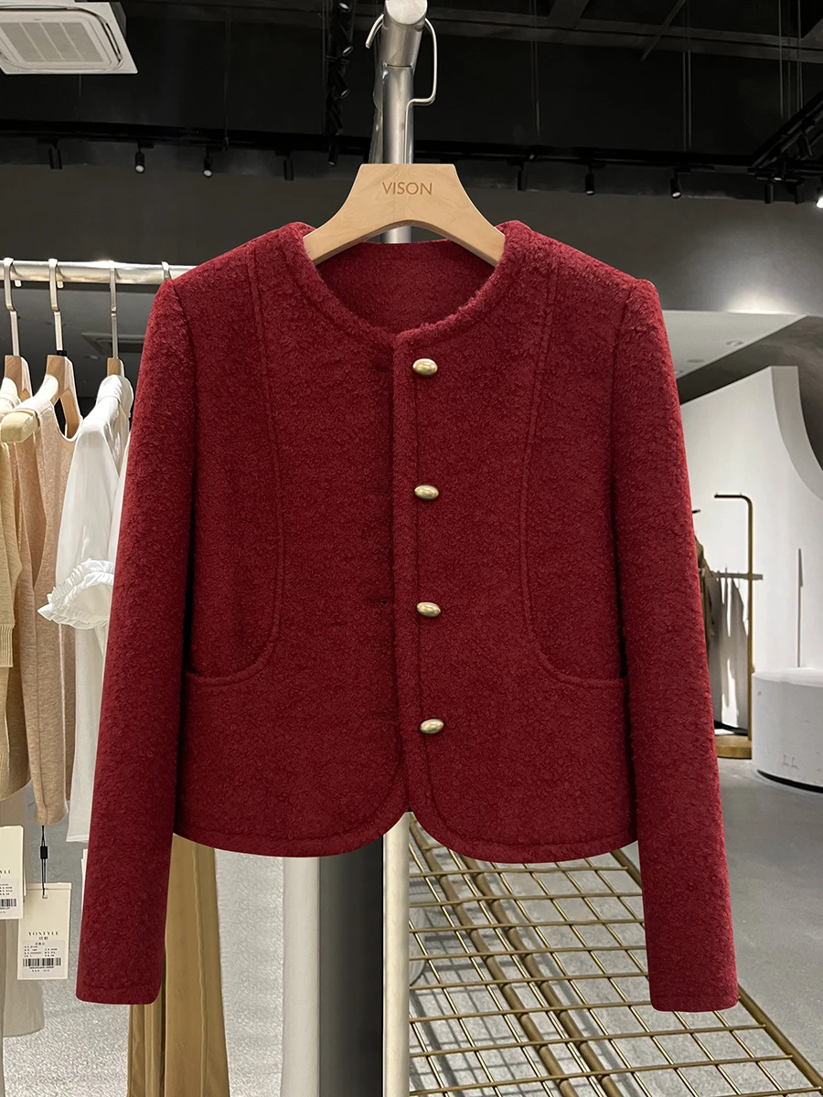 

Красное шерстяное пальто из смесового хлопка для женщин, модное, в стиле ретро, класса люкс, осенне-зимнее, новое, на пуговицах, однотонное