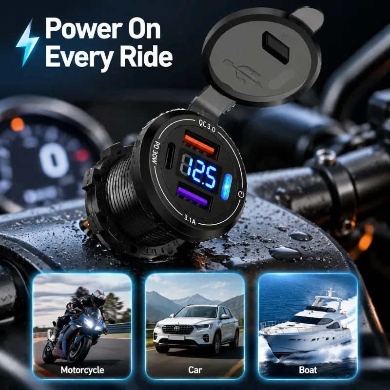 

New Waterproof Motorbike Refit Dual USB Outlet Digital Voltmeter PD Fast Charging Adapter Automobile Additional Phone Power