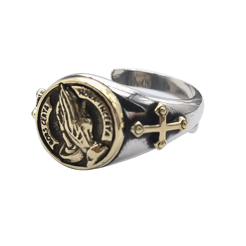 S925 Silver Jewelry Wholesale Vintage Craftsmanship Punk Style Crosses Two Handed Prayer Engagement Rings for Men and Women