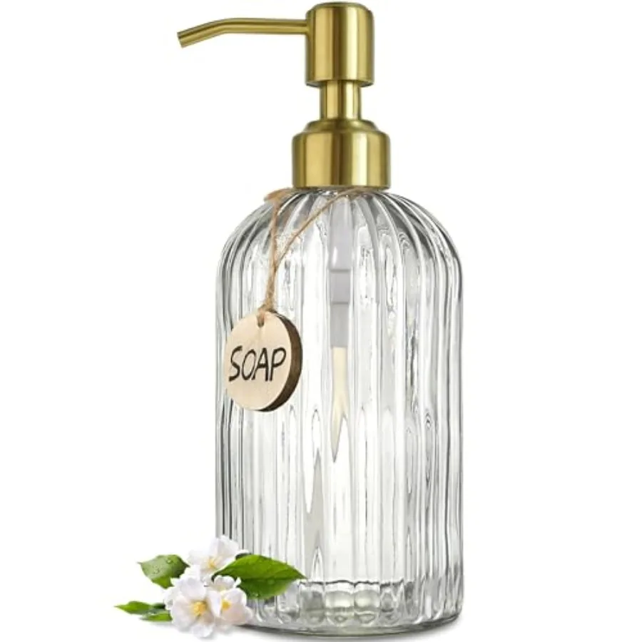 

18Oz Glass Soap Dispenser with Golden Pump for Kitchen, Refillable Liquid Hand soap Dispenser with Vertical Stripe, Soap Dispen