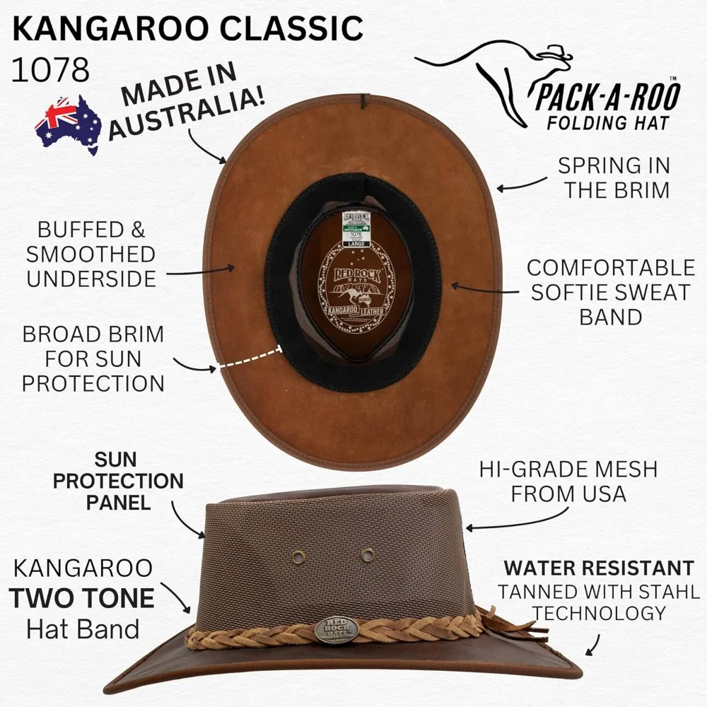 Australian Kangaroo Leather Outback Hat - Foldable, Travel Bag Included, Handcrafted in Australia
