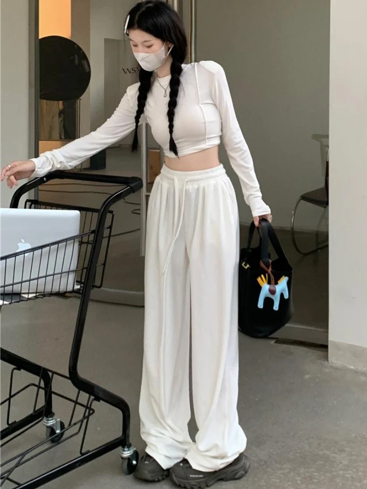 

Женские комплекты, уличная одежда, однотонные брюки, укороченные топы, футболки, простые весенние BF, популярный корейский стиль, повседневные, милые, универсальные, женские, новые