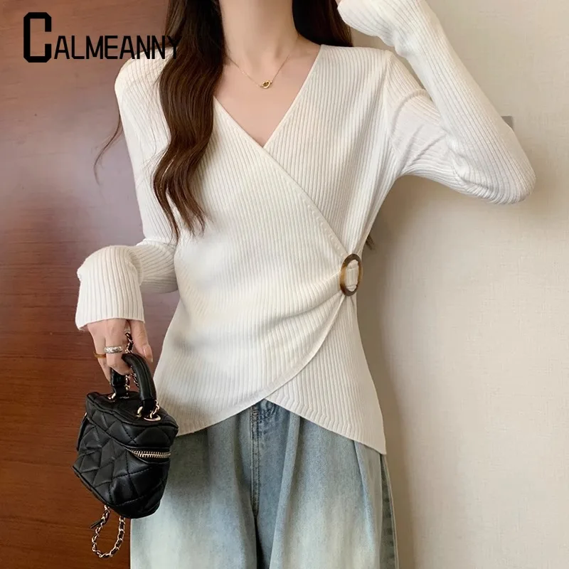 2024 outono inverno novo decote em v manga longa moda camisola feminina high street casual fino pullovers estilo coreano elegante topos