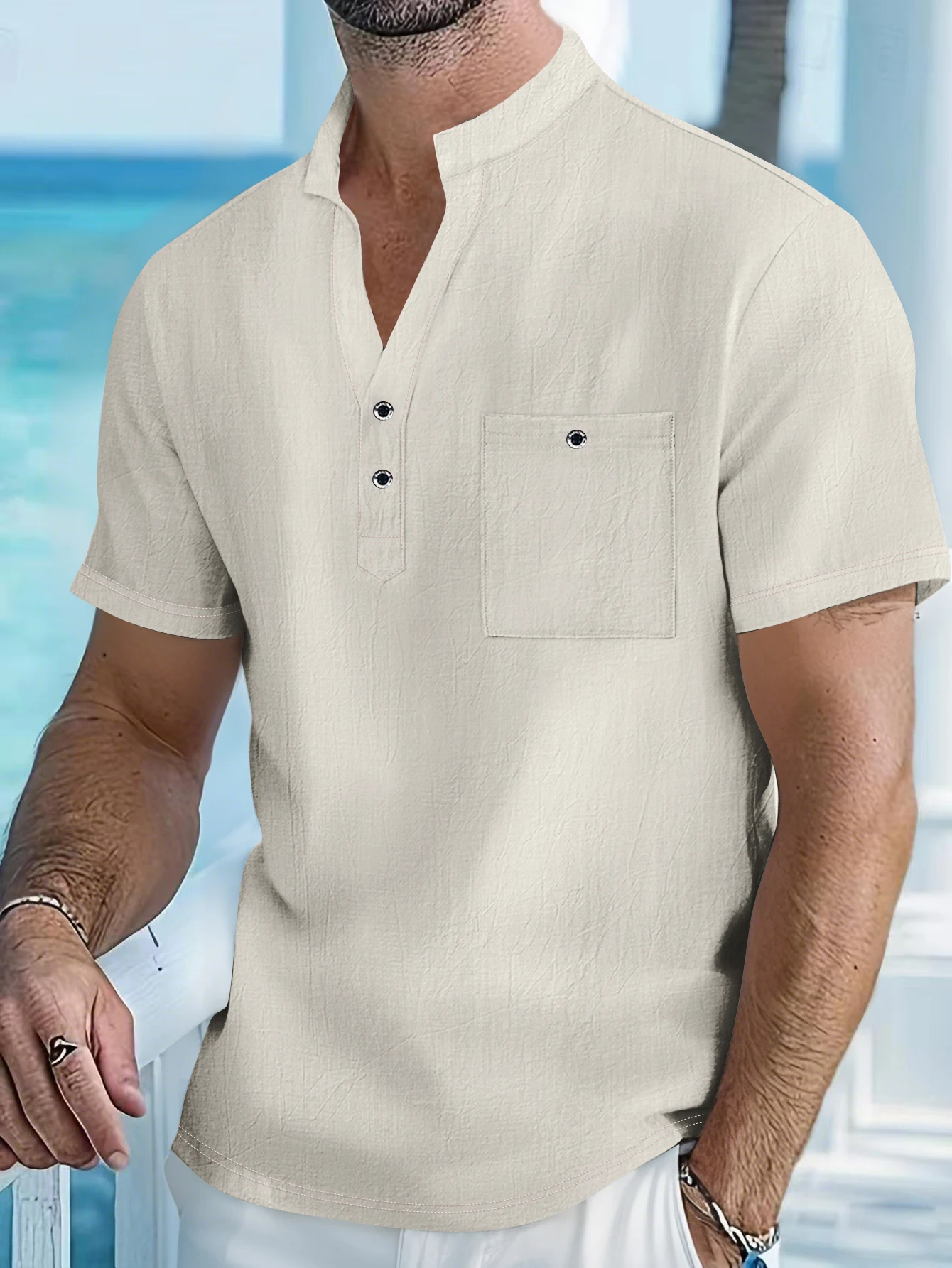 Camisa de manga corta de lino y algodón para hombre con cuello levantado y solapa de medio botón - Ropa informal de ocio al aire libre para primavera y verano