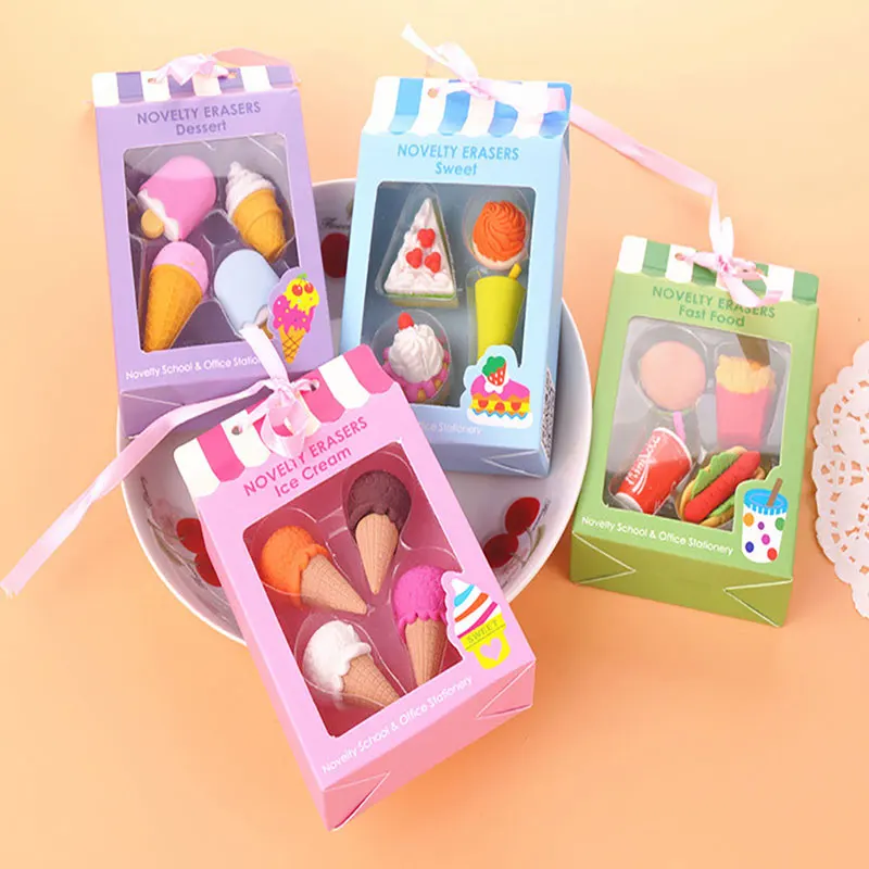 4PCS Kawaii Ice Cream Hamburger Lollipop Detachable Rubber Eraser Stationery