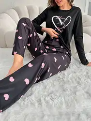 Women Pajamas Set Heart & Slogan Print Long Sleeve Round Neck Top Allover Heart Prints Elastic Pants Black Autumn Sleepwear