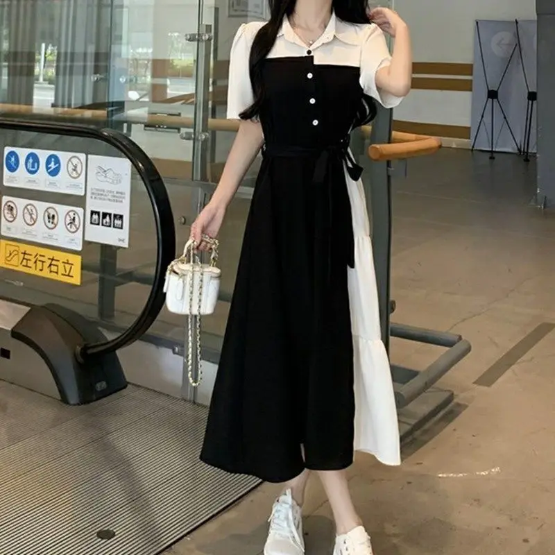 2024 New Summer Sweet and Fresh Academy Style Flip Collar with Dead Waist Tie and Waist Wrap Long Short Sleeve Oversize Dress