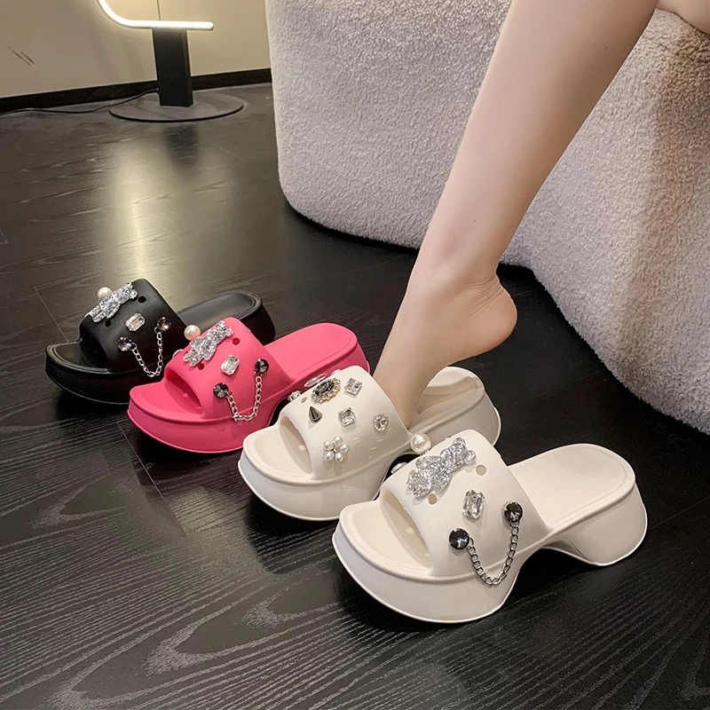 Women Summer Slippers Shine Bear Decoration Platform Sandals Outside Vacation Beach Non-Slip Slides Flip Flop Casual Shoe Female