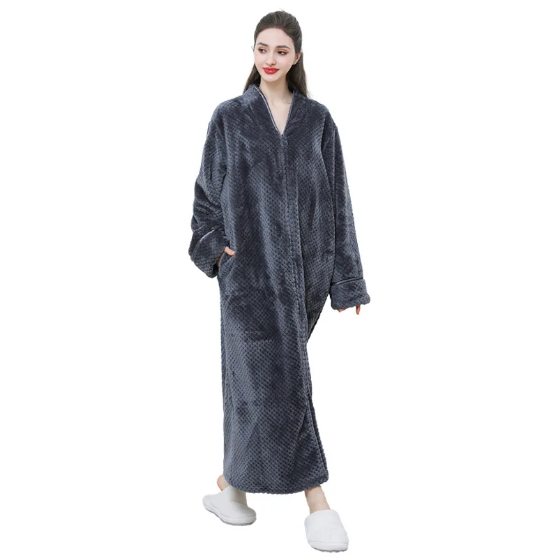 New Thickened Zipper Nightgown Flannel Nightgown Autumn and Winter Sleepwear Solid Color Men\'s and Women\'s Bathrobe