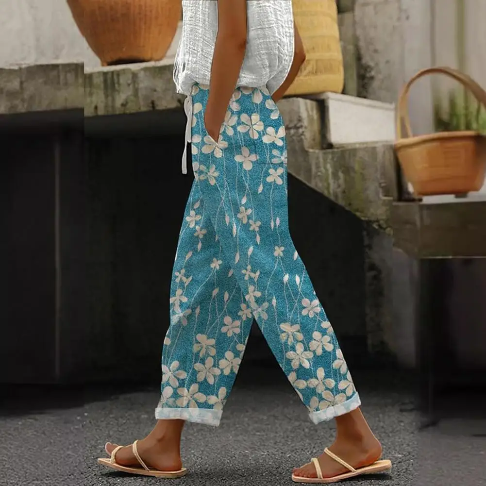 Summer Casual Thin Trousers Women Cotton Linen Floral Print Pockets Drawstring Pants Ladies Street Elastic Waist Pants