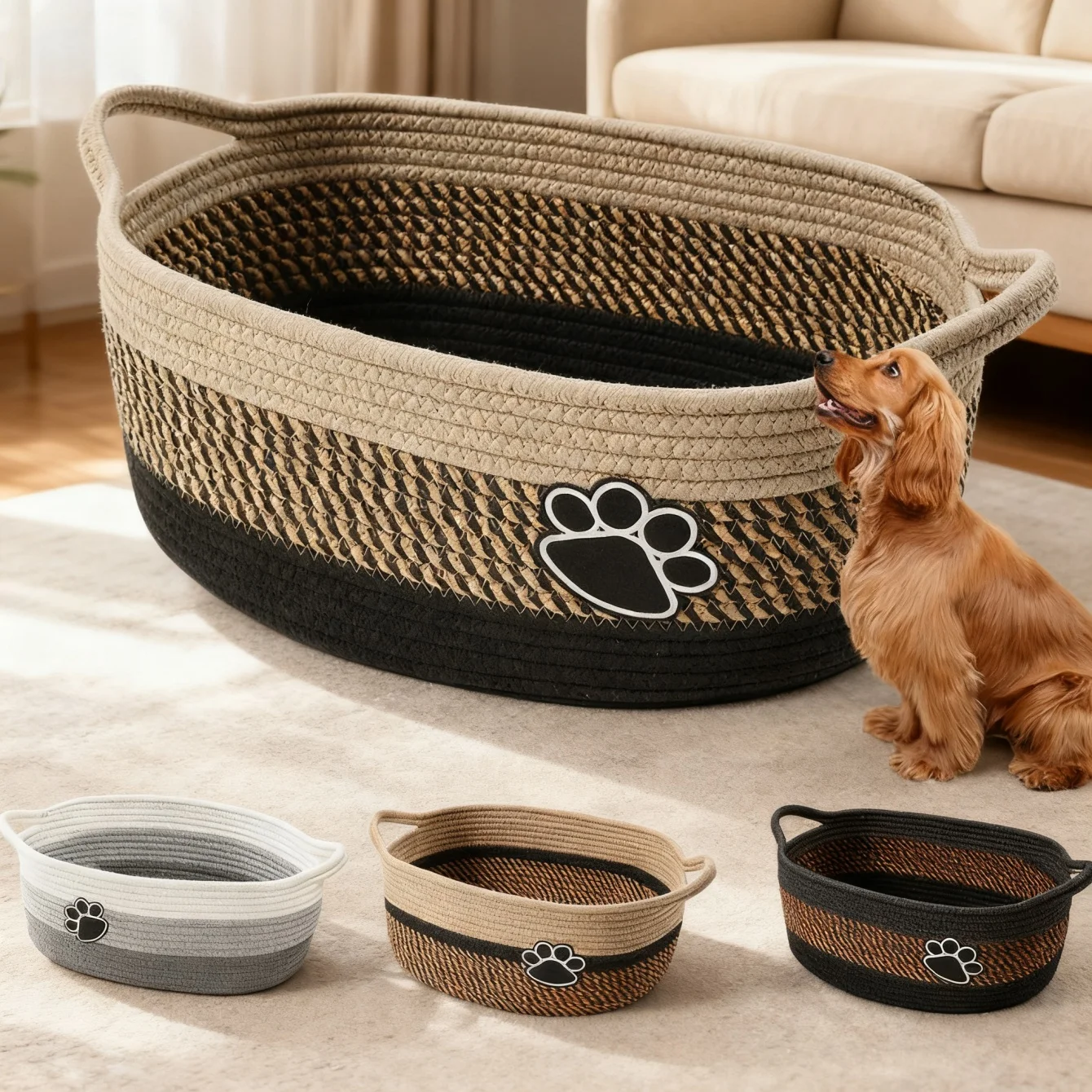 Pet Toy Storage Basket with Handle. Handmade Weaving with Dog Paw Prints. Can Also Store Children's Toys and Miscellaneous Items