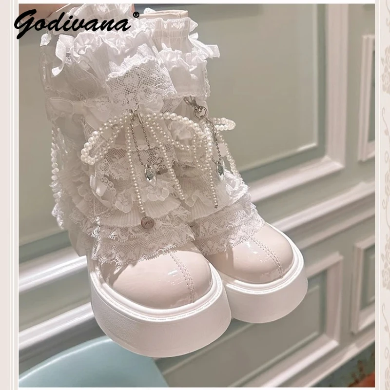 

Original New Autumn Lolita Pearl Lace Trim Patent Leather Short Boots Retro Women's Sweet White Ankle Boots High Heels
