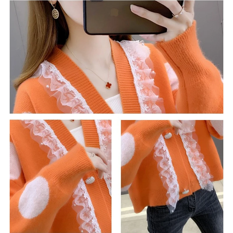 2025 outono novo cardigan camisola feminina exterior usar solto com decote em v renda costura jaqueta feminina curta manga longa blusas