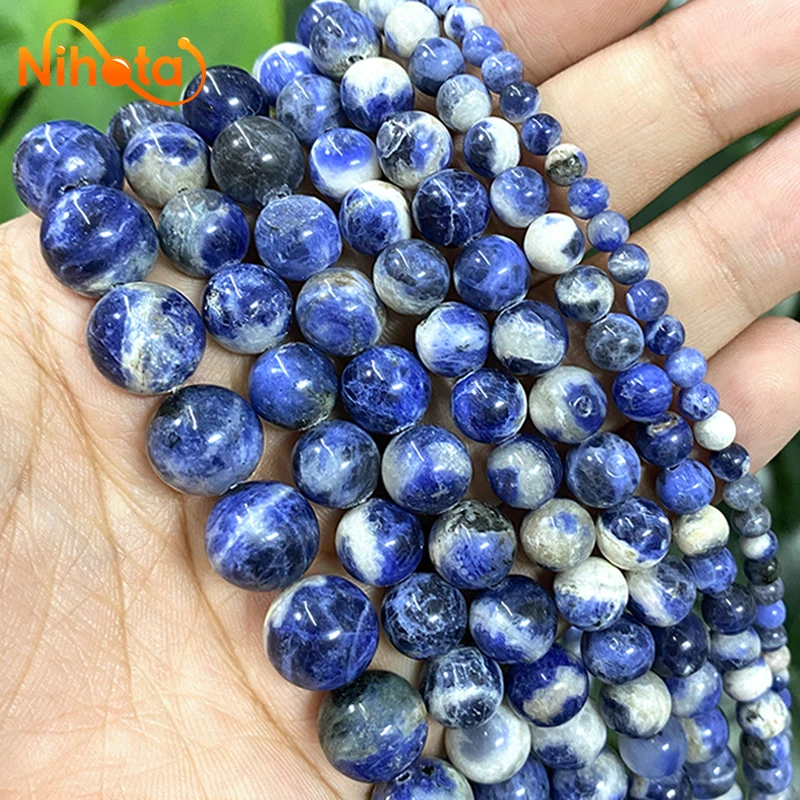 Natural New Blue Sodalite Stone Round Loose Smooth Beads  DIY Bracelet Earrings Rings Jewelry Making 15'' Strand 4/6/8/10/12mm