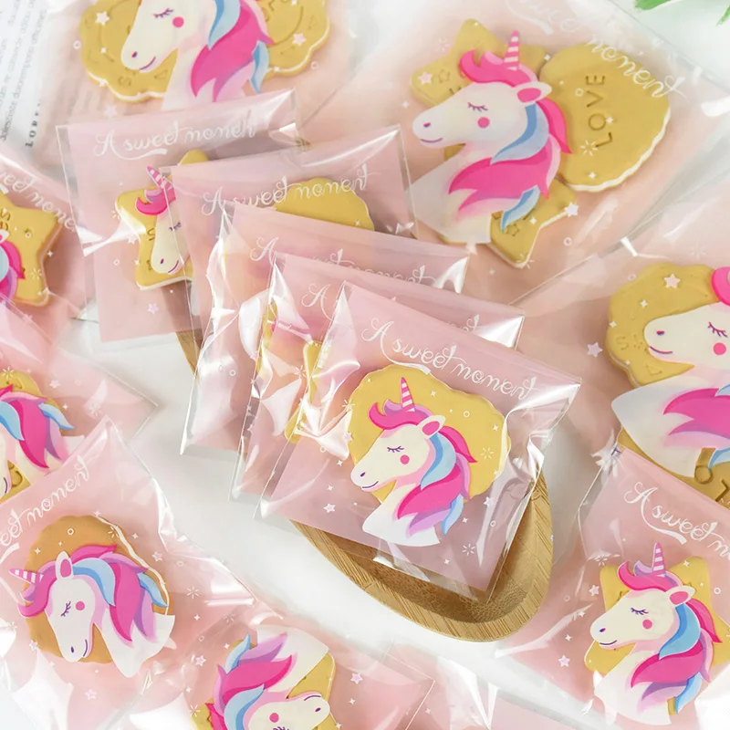 100Pcs 7x7cm/10x10cm  Unicorn Plastic Cookie Biscuits Candy Gift Packaging Bags for Kids Girl Birthday Party Baby Shower Pouch