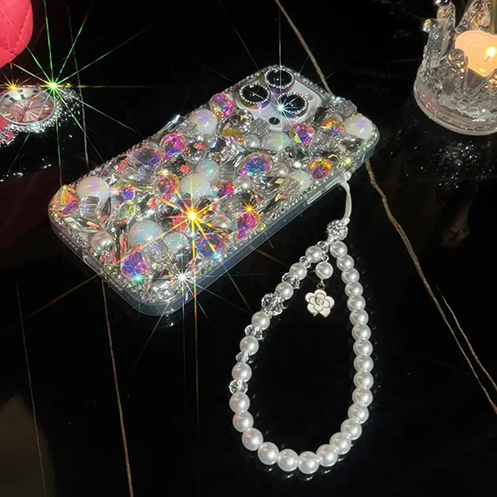 Stunning 3D Diamond Laser Pearl Crystal Strap Phone Case Capa for Xiaomi 13 14 POCO X3 X4 X5 F4 F5 PRO M4 M5 M6 Phone