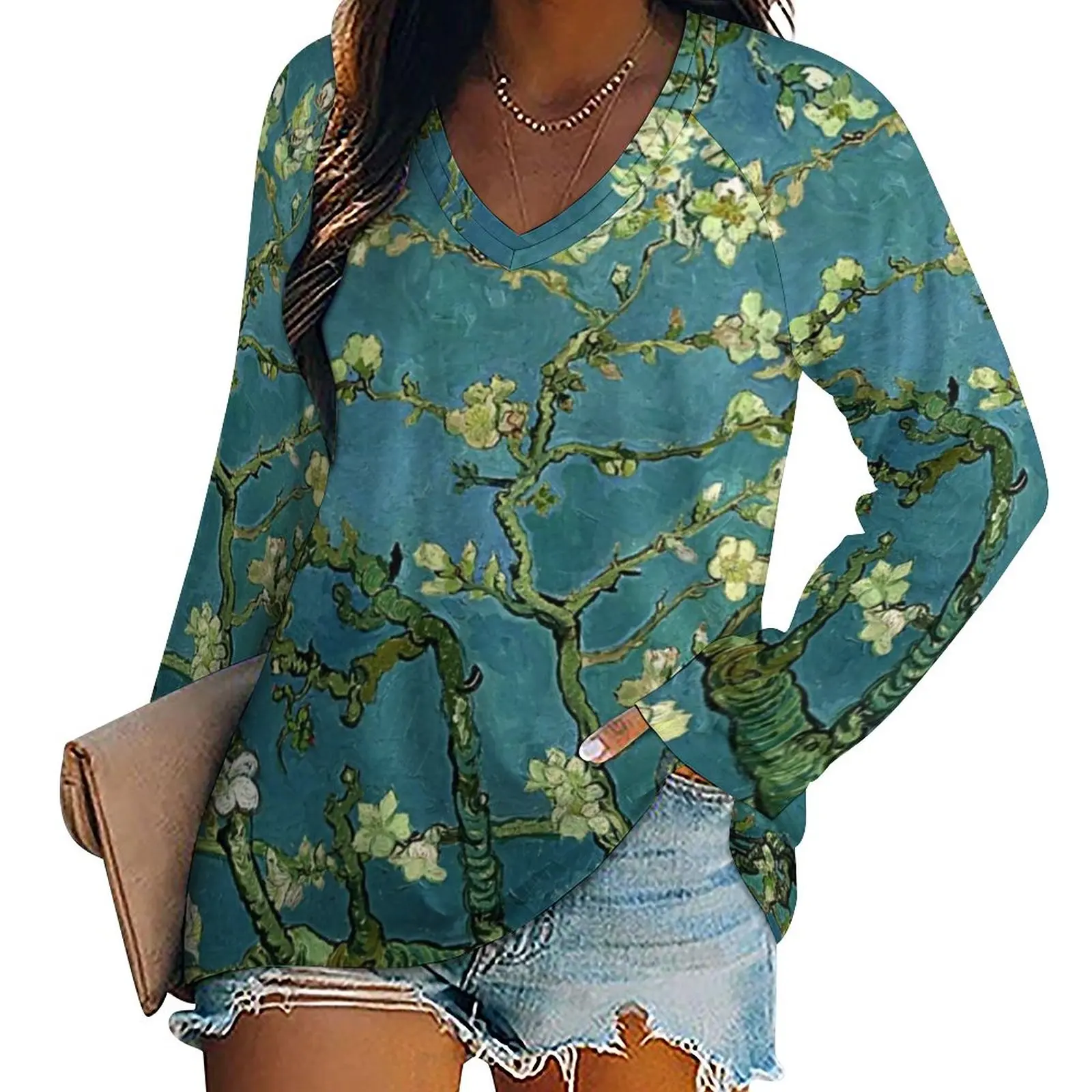 Floral Print Art T Shirt Van Gogh Almond Blossoms Modern Long Sleeve T Shirts V Neck Casual Loose Tshirt Oversized Pattern Tops