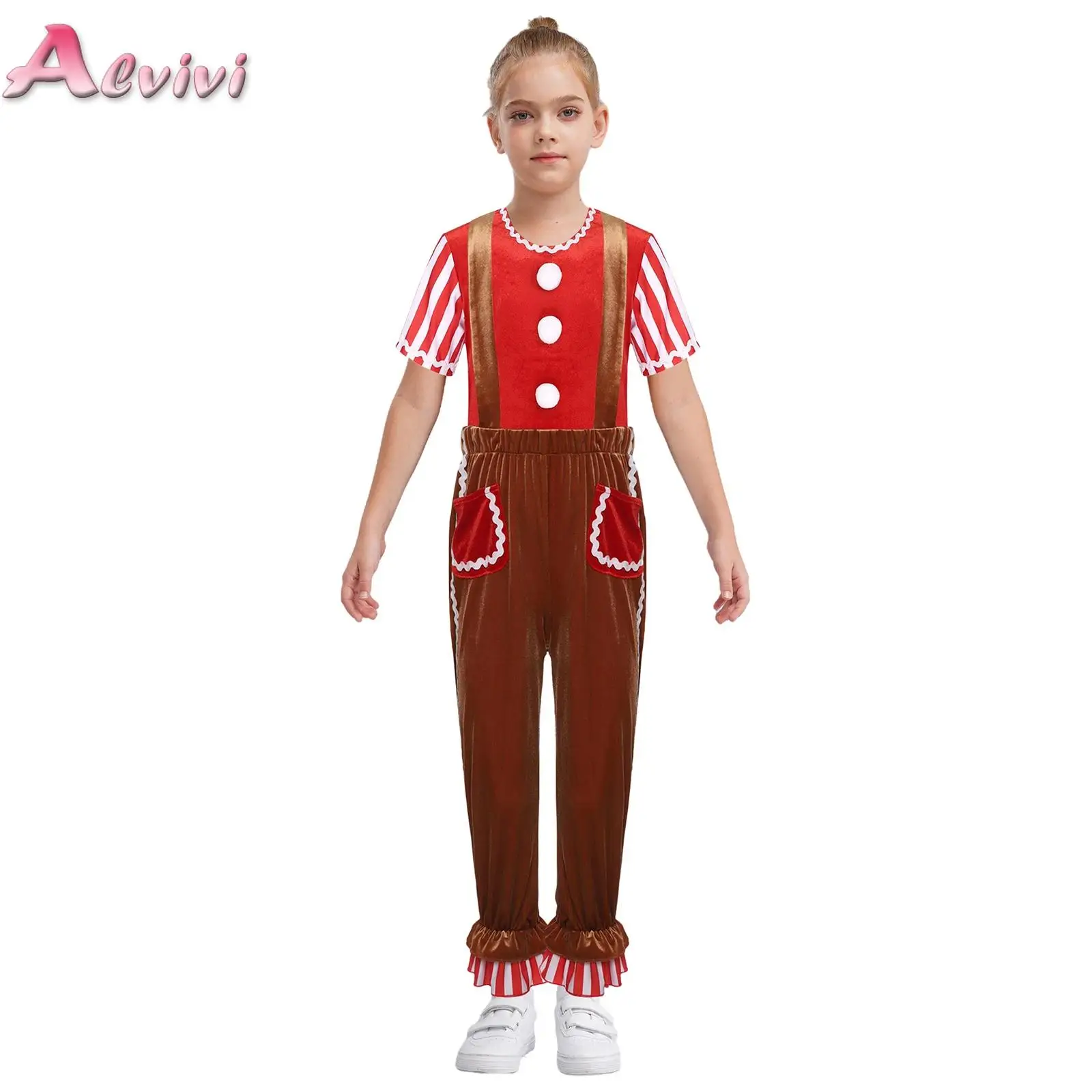 

Girls Christmas Gingerbread Man Costume Stripe Pompoms Gingerbread Elves T-shirt with Suspender Pants Halloween Dress Up Costume