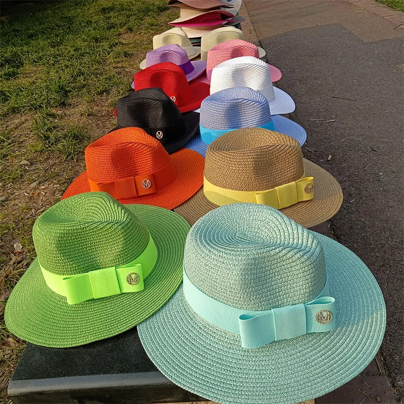 Jazz top straw hat new bow M adjustable jazz men and women straw hat Fedora sun hat candy color beach hat jazz кепкамужския