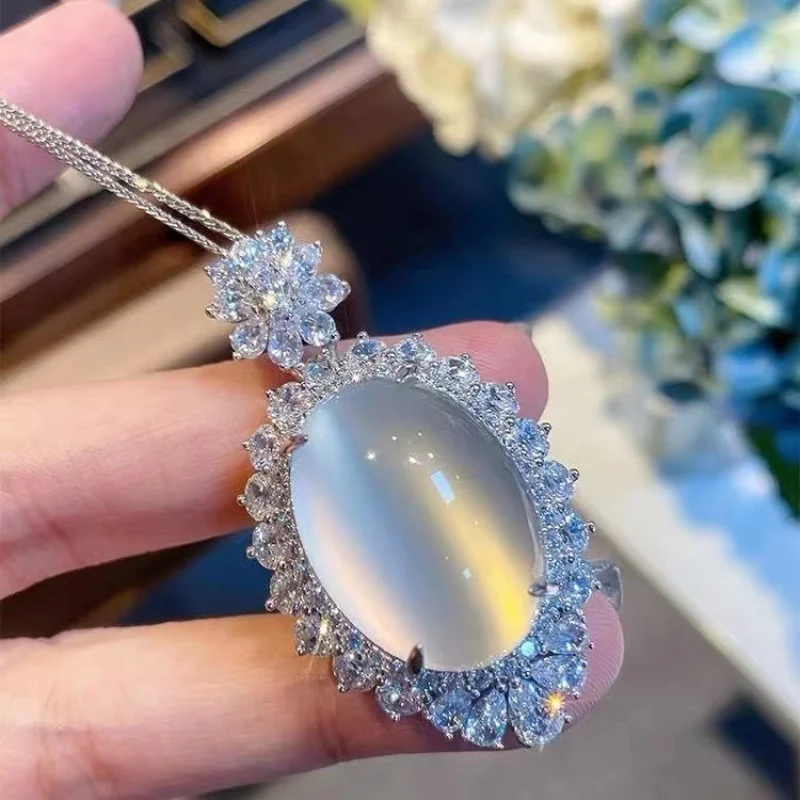 Fluorescent S925 Silver Plated Inlaid Rose Chalcedony Pendant High White Yellow Agate Female Necklace Batch