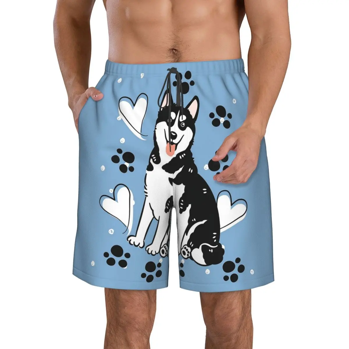 Love Black White Siberian Husky Dog Trunks Beach Board Shorts Casual Quick Dry Swimming Summer Men Pants