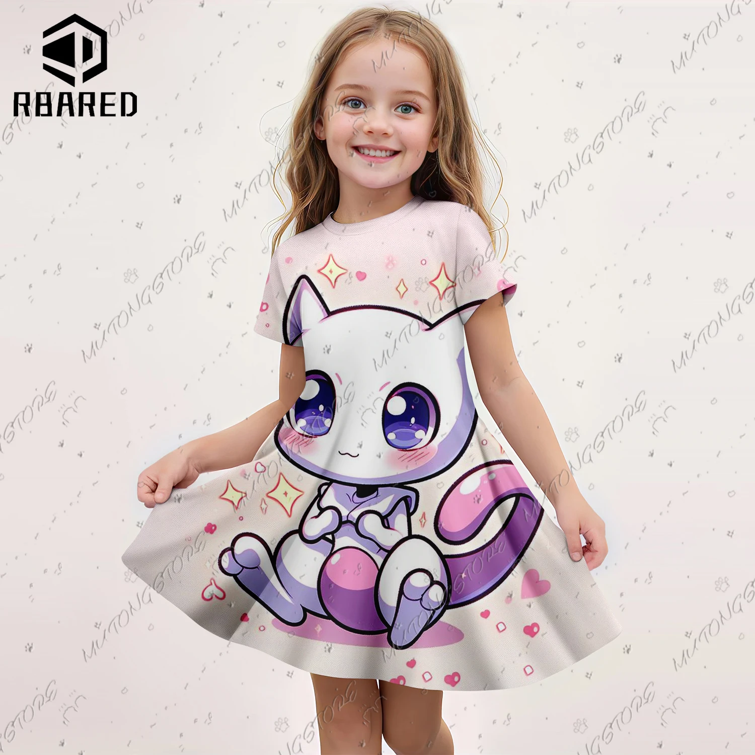 2024 Summer New Children\'s Original Short Sleeve Dress Girl 3D Pokémon Print Clothes Girls Party Clothing Kids Skirt Nightgown