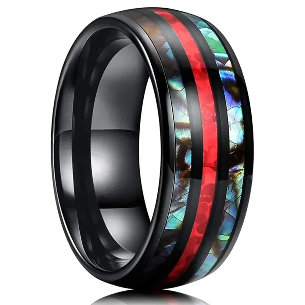 Fashion 8mm Stainless Steel Rings For Men Inlay Red Opal And Abalone Shell Ring Men Wedding Engagement Jewelry Anniversary Gifts