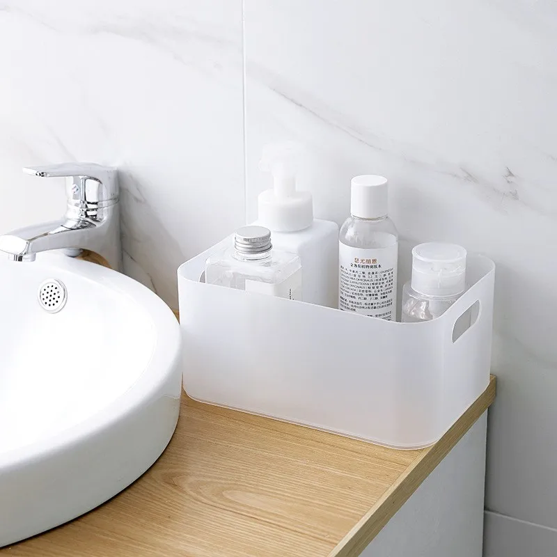 Frosted Plastic Lidded Makeup Organizer - Divided Desktop Storage Box for Masks, Cosmetics & Vanity Countertop Organization
