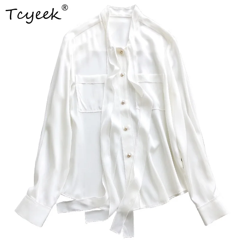 

Tcyeek, 19 мм, 90% шелковая рубашка из тутового шелка, женская блузка с металлической пряжкой и карманами на бретелях, новые весенние топы 2024, белый T41555QC