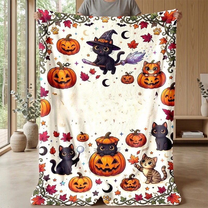Halloween Haunted House Throw Blanket, Moon Bat Pumpkin Print Soft Flannel Blanket for Sofa Home Decor