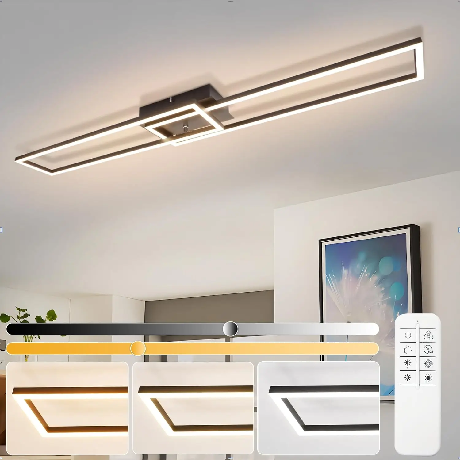 Deckenlampe Wohnzimmer LED Deckenleuchte: 36W Modern Küchenlampe Stufenloses Dimmbar 3000K - 6500K Schwarz Wohnzimmerlampe mit Fernbedienung Deckenbeleuchtung für Küche Schlafzimmer