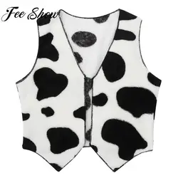 Kids Cow Print Flannel Cardigan Vest Halloween Western Cowboy Cowgirl Cosplay Waistcoat Theme Party Carnival Dress Up Costume