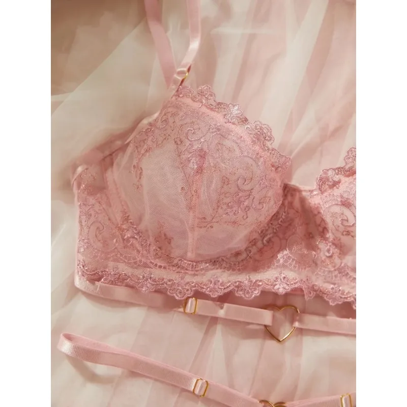 Fancy Women's Lingerie French Pink Underwear Delicate Floral Embroidery Lace Bra Erotic Sets Romantic Valentine Fantasy Outfit