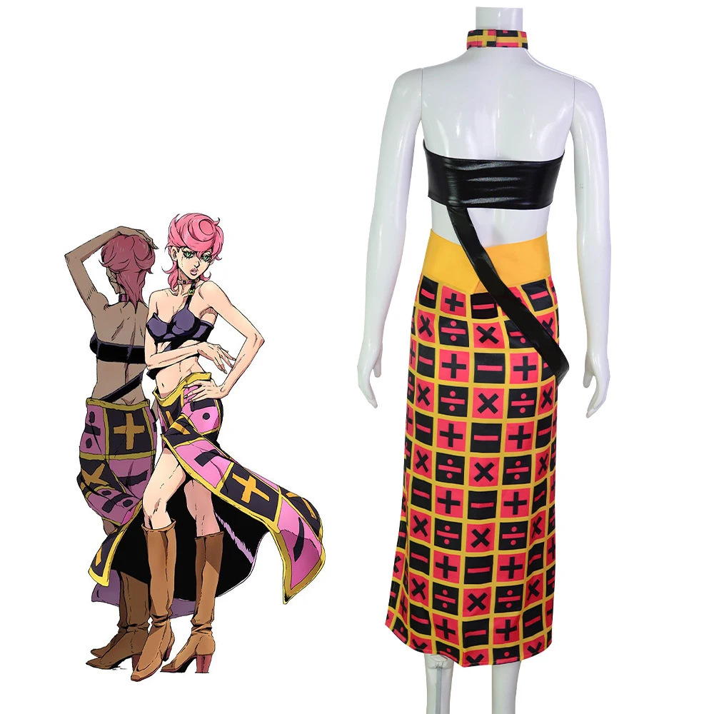 Woman Sexy Carnival Party Suit Anime JOJO's Bizarre Adventure Golden Wind Trish Una Cosplay Costume PU Tube Tops Plaid Skirt view 3