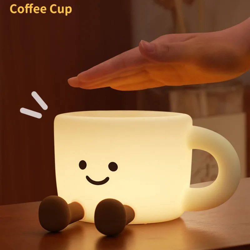 Cute Smiley Coffee Cup LED Night Light 7 Color Dimmable Rechargeable Timed Silicone Night Lamp For Bedroom Desk Decor Gift