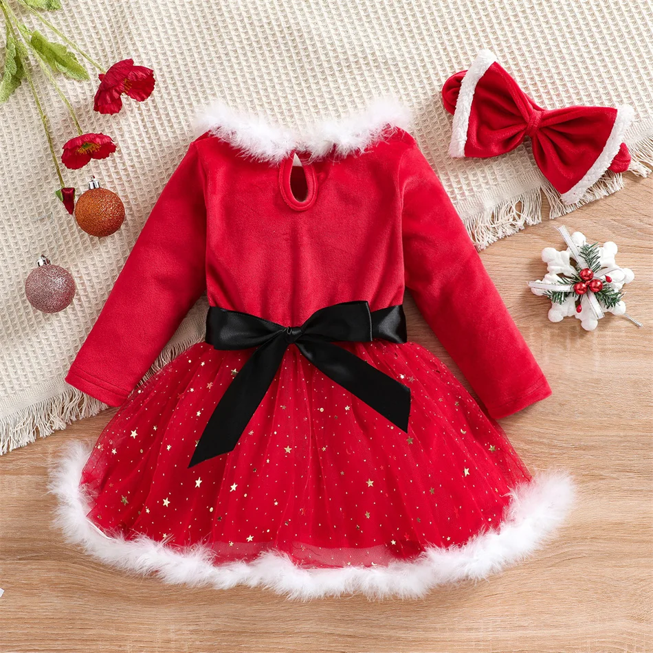 Christmas Star Mesh Long Sleeved Princess Dress Girls Xmas Carnival Party Frock Children Red Festival Performance Costume 12M-6Y