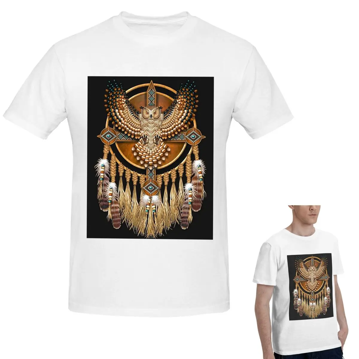 

100% хлопок, футболка с изображением индейцев, вышивка бисером, сова, мандала, мужская классическая футболка большого размера, мужские летние рубашки с круглым вырезом, топы, S-6XL