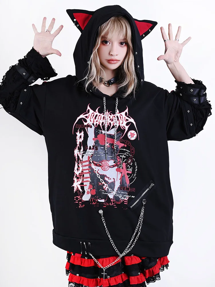 Japanese Punk style long sleeved Rivet chain men's hoodie  Zipper Cat's Ears Rivet Chain Strap Cartoon pattern Womens hoodie