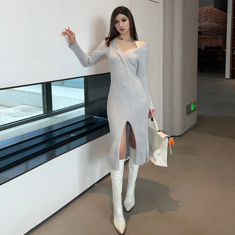 

Стильное трикотажное платье-миди ChiclyNana22 с открытыми плечами, длинным рукавом, узлом и базовым слоем, для повседневной носки, из полиэфирного волокна