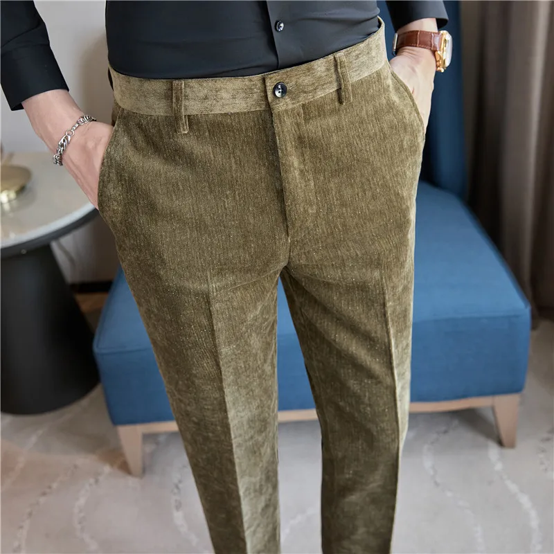 2025 new high-end casual pants, autumn and winter thick velvet trousers, business slim fit striped designer suit pants, black