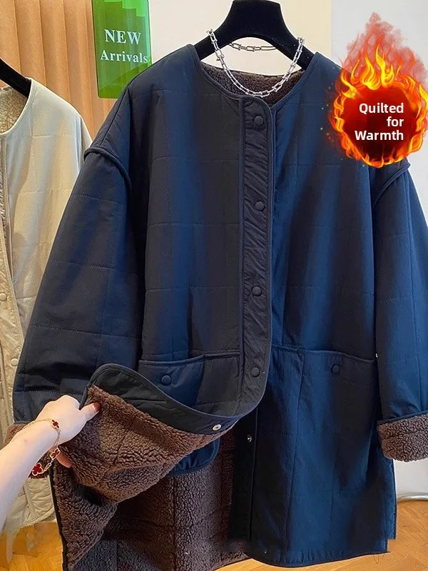 سترة قطنية مبطنة بفرو الضأن مقاس كبير للنساء شتوية متوسطة الطول كبيرة الحجم Fce سترة مفتوحة دافئة غير رسمية طويلة Sve #2